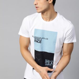 Roadster Men White Blue Printed Round Neck Pure Cotton T-shirt